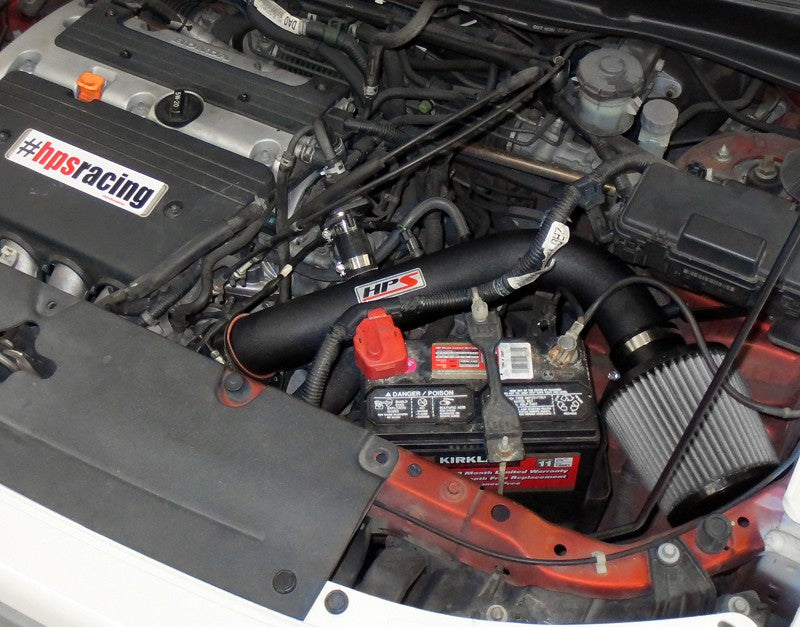 HPS Shortram Air Intake Kit with Filter for 03-06 Honda Element 2.4L L4 AWD/FWD SKU 827-106WB, wrinkle black installed engine bay view