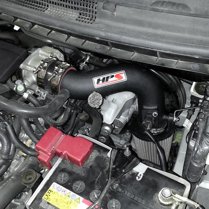 HPS Shortram Air Intake for 09-14 Nissan Cube 1.8L I4 Non-Turbo SKU 827-186WB, wrinkle black installed engine bay view