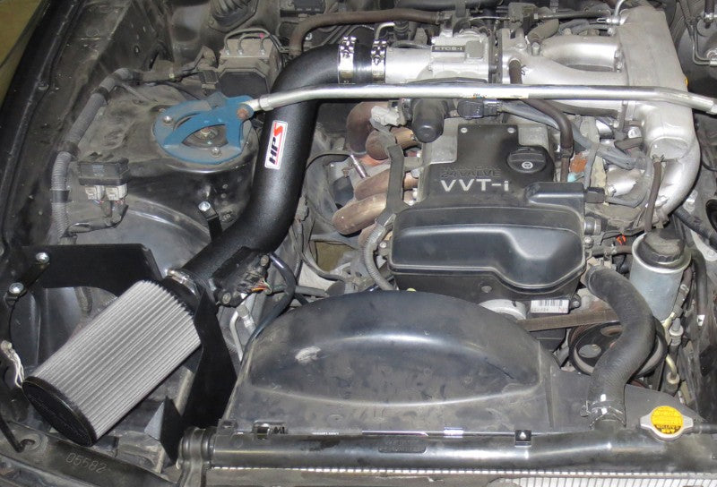 HPS Shortram Air Intake Heat Shield Kit for 97-98 Toyota Supra 3.0L I6 Non-Turbo SKU 827-200WB, wrinkle black installed engine bay view