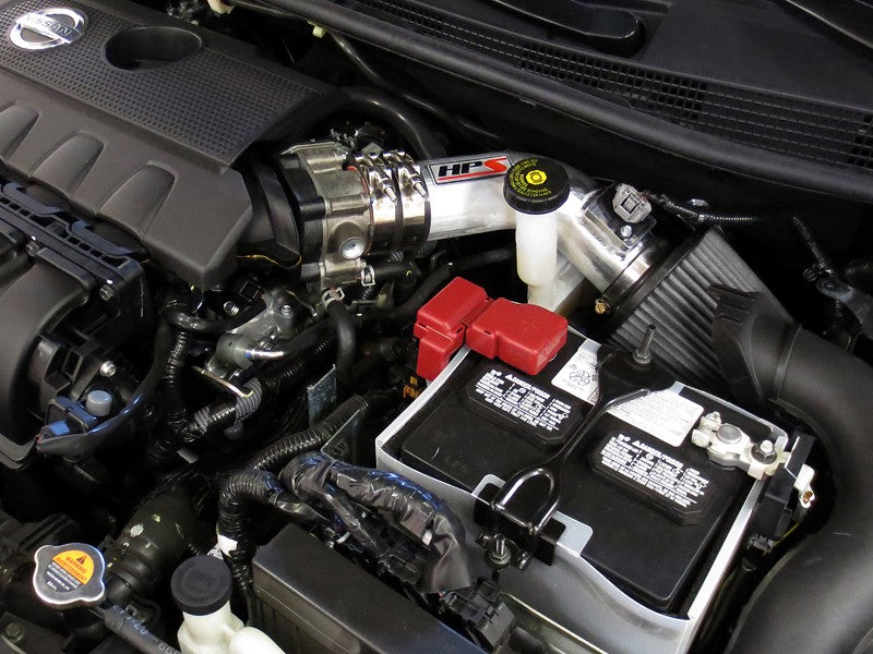 HPS Shortram Air Intake Kit for 13-17 Nissan Sentra 1.8L I4 SKU 827-269P, polished installed engine bay view