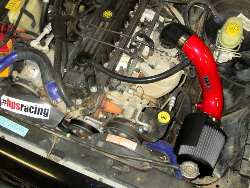 HPS Shortram Air Intake Heat Shield Kit for 91-01 Jeep Cherokee 4.0L I6 SKU 827-301R, red installed engine bay view