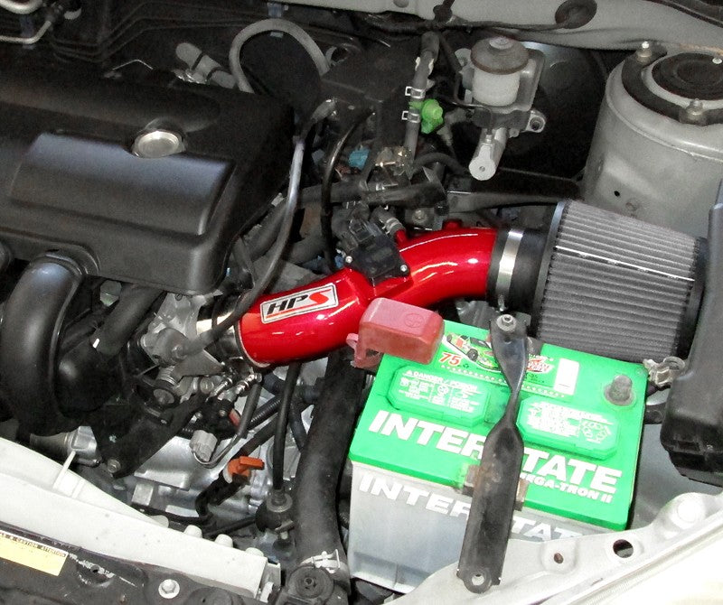 HPS Shortram Air Intake Kit for 03-04 Toyota Corolla Matrix XR Pontiac Vibe 1.8L 1ZZ-FE SKU 827-513R, red installed engine bay view