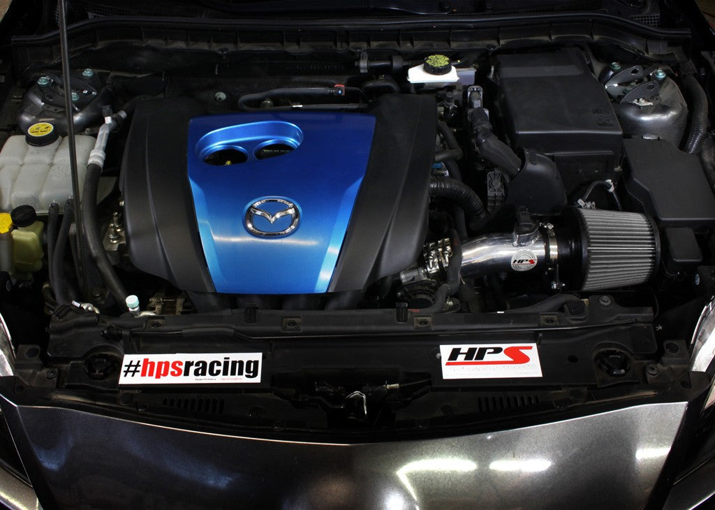HPS Shortram Air Intake Heat Shield Kit for 12-13 Mazda Mazda3 2.0L Skyactiv SKU 827-531P, polished installed engine bay view