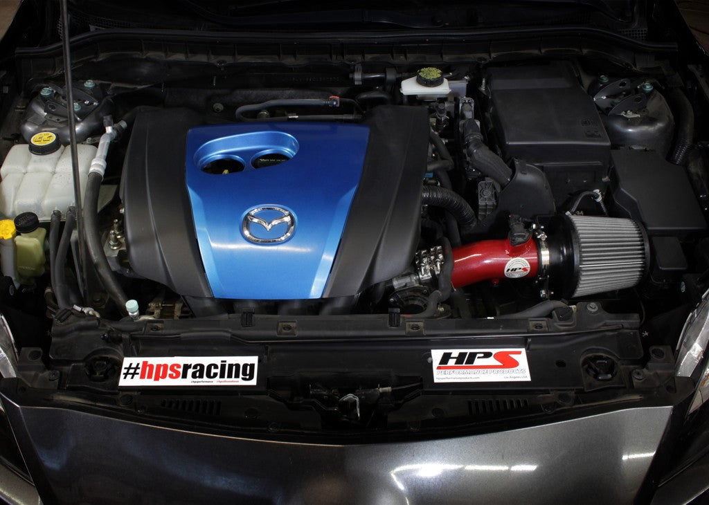 HPS Shortram Air Intake Heat Shield Kit for 12-13 Mazda Mazda3 2.0L Skyactiv SKU 827-531R, red installed engine bay view