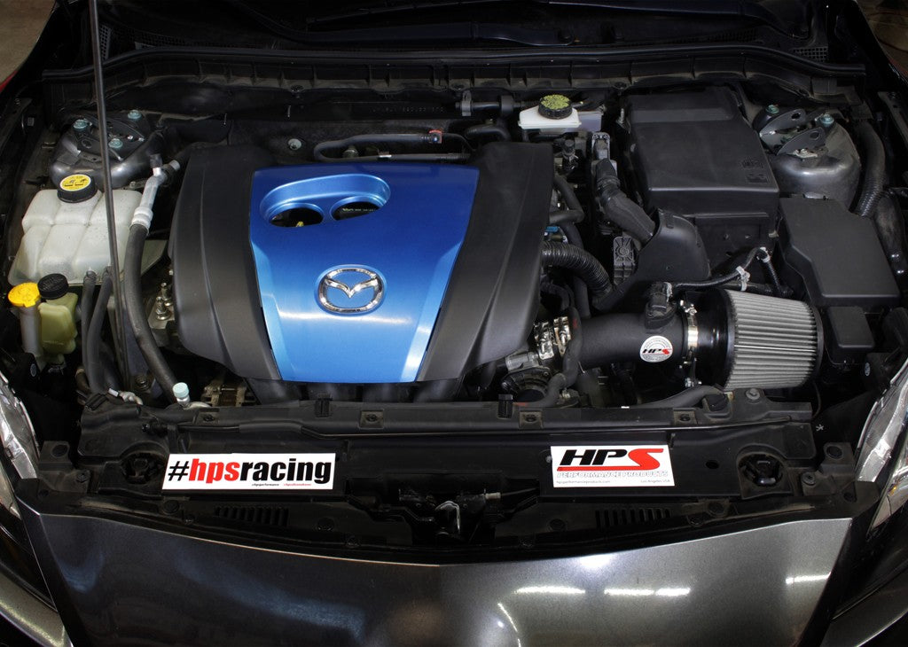 HPS Shortram Air Intake Heat Shield Kit for 12-13 Mazda Mazda3 2.0L Skyactiv SKU 827-531WB, wrinkle black installed engine bay view