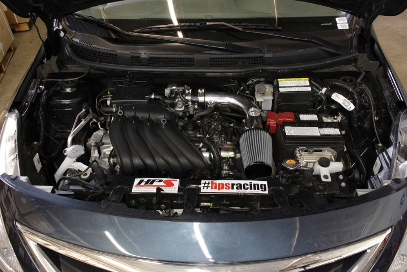 HPS Shortram Air Intake for 12-19 Nissan Versa Sedan (N17) / 14-19 Versa Note (E12) 1.6L SKU 827-532P, polished installed engine bay view