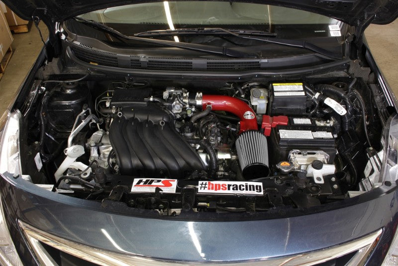 HPS Shortram Air Intake for 12-19 Nissan Versa Sedan (N17) / 14-19 Versa Note (E12) 1.6L SKU 827-532R, red installed engine bay view