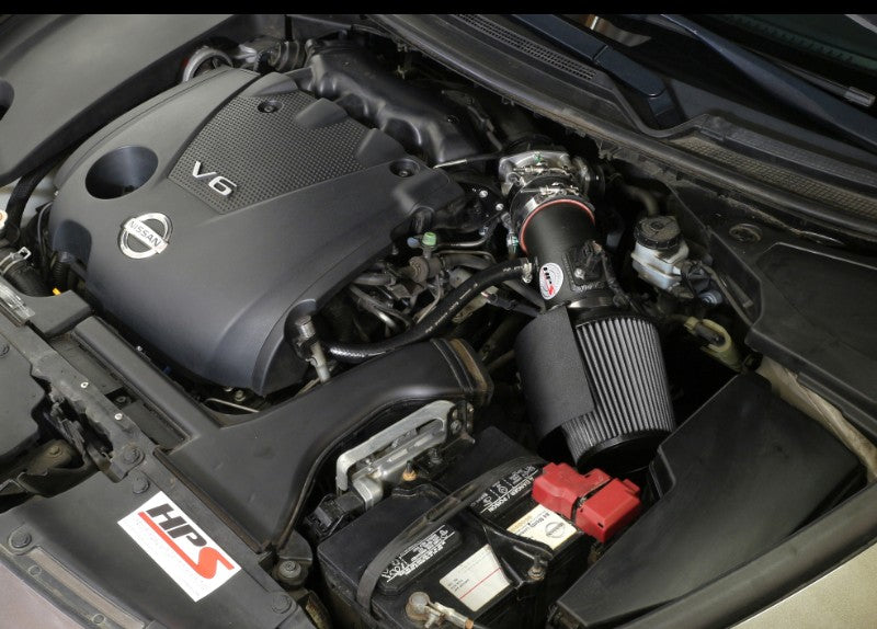 HPS Shortram Air Intake Heat Shield Kit for 09-14 Nissan Maxima 3.5L V6 SKU 827-533WB, wrinkle black installed engine bay view
