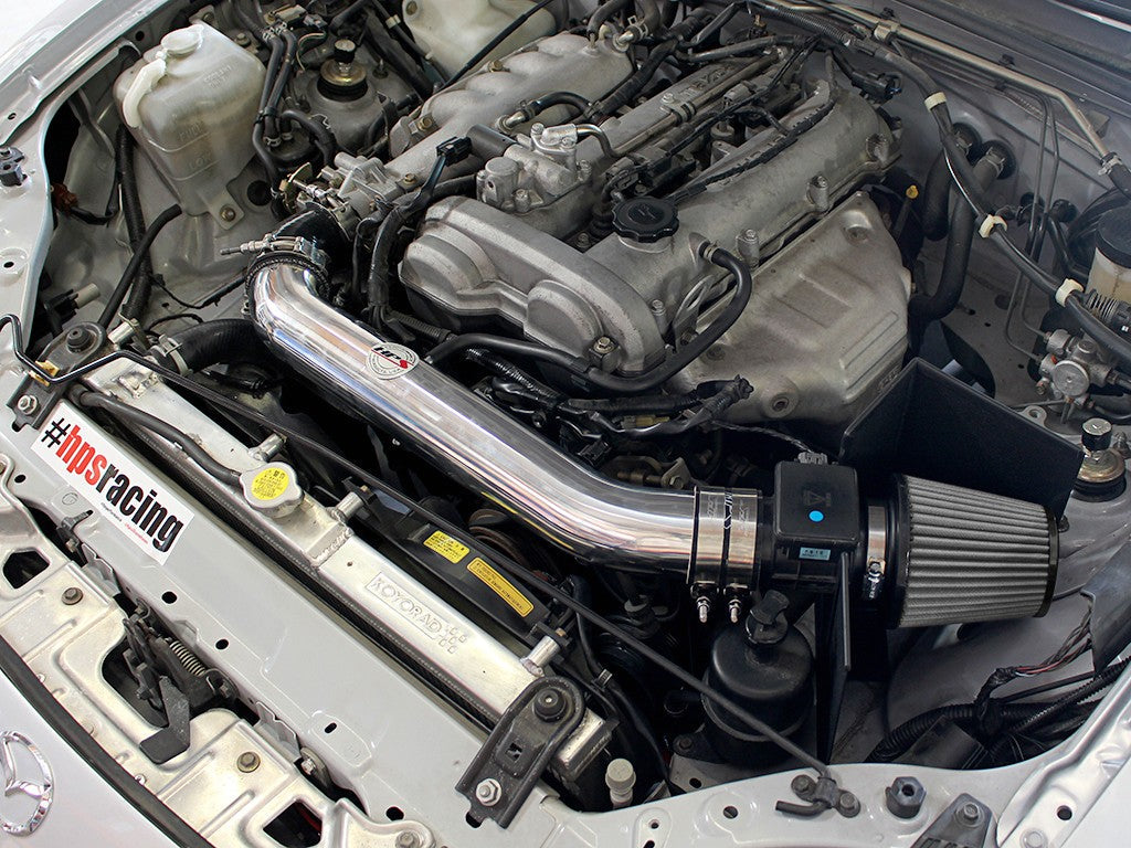 HPS Shortram Air Intake Heat Shield Kit for 99-05 Mazda Miata 1.8L Non Turbo SKU 827-537P, polished installed engine bay view