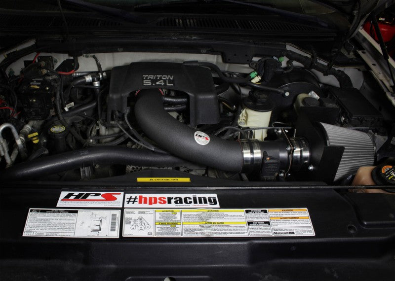 HPS Shortram Air Intake Heat Shield Kit for 97-04 Expedition/97-03 F-150/97-99 F-250 SKU 827-540WB, wrinkle black installed engine bay view