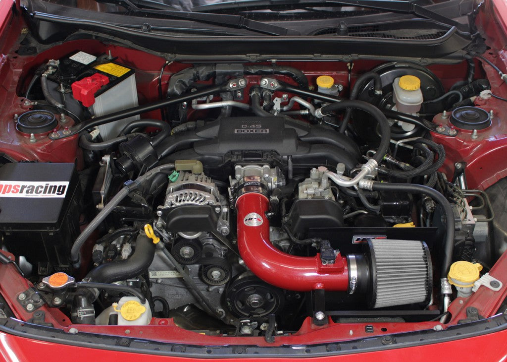 HPS Shortram Air Intake Heat Shield Kit for 13-20 Gen1 Scion FR-S / Subaru BRZ / Toyota 86 SKU 827-548R, red installed engine bay view