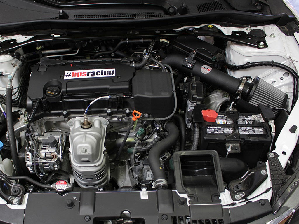 HPS Shortram Air Intake Heat Shield Kit for 13-17 Honda Accord 2.4L SKU 827-555WB, wrinkle black installed engine bay view