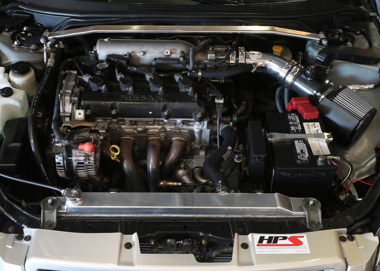 HPS Shortram Air Intake Heat Shield Kit for 02-06 Nissan Altima 2.5L 4-Cyl SKU 827-570P, polished installed engine bay view