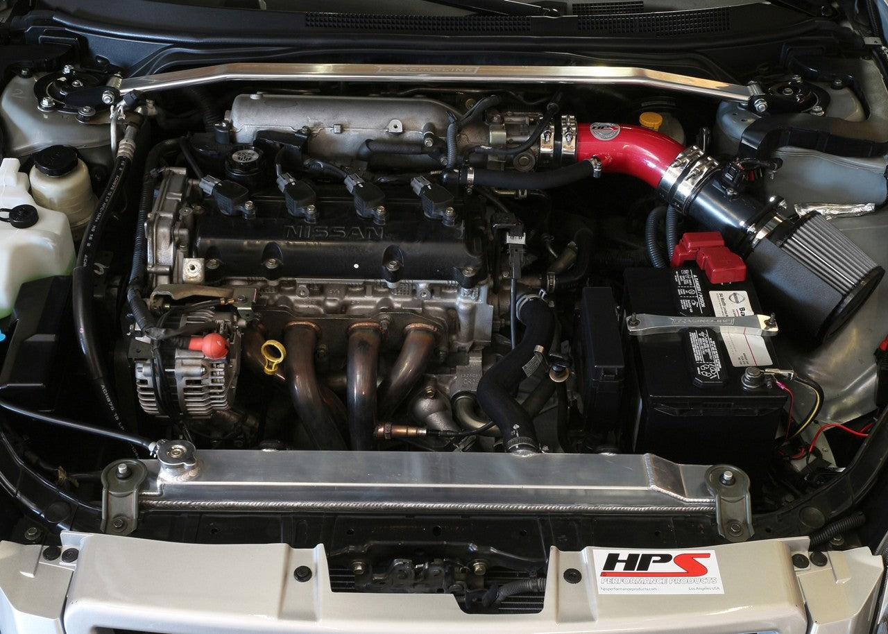 HPS Shortram Air Intake Heat Shield Kit for 02-06 Nissan Altima 2.5L 4-Cyl SKU 827-570R, red installed engine bay view