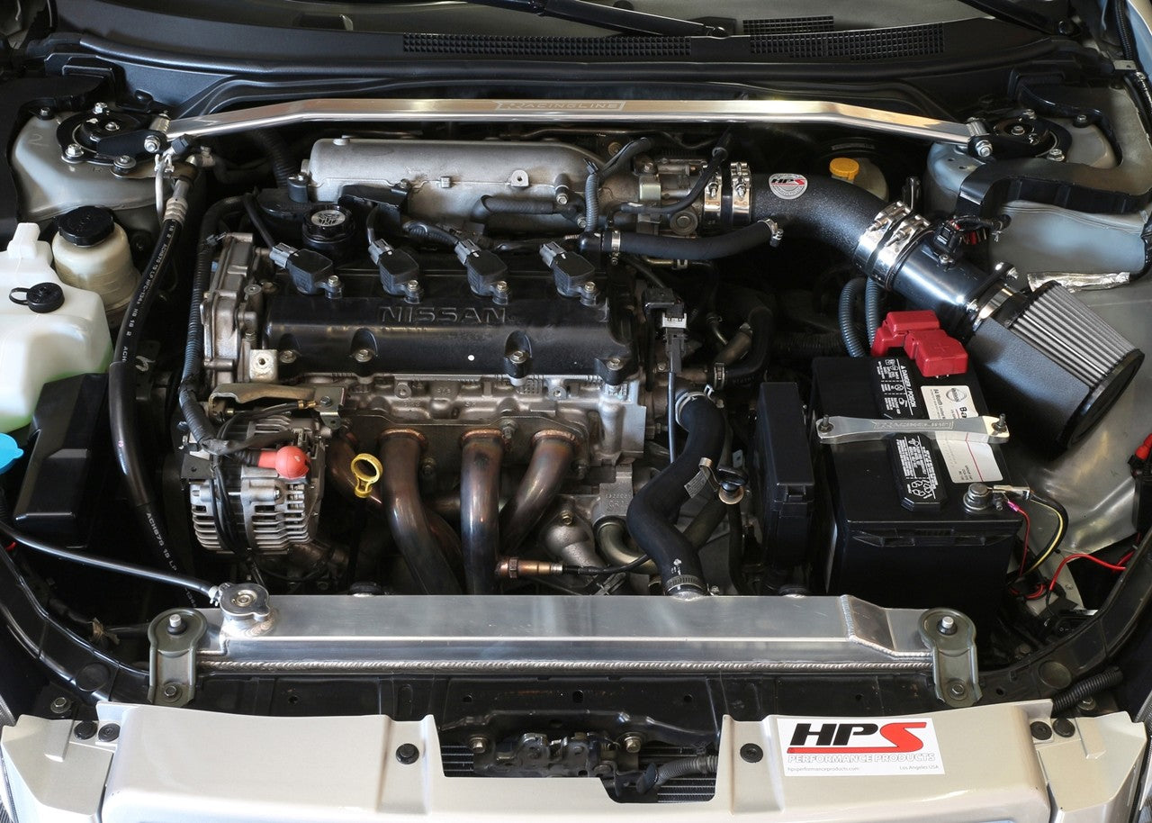 HPS Shortram Air Intake Heat Shield Kit for 02-06 Nissan Altima 2.5L 4-Cyl SKU 827-570WB, wrinkle black installed engine bay view