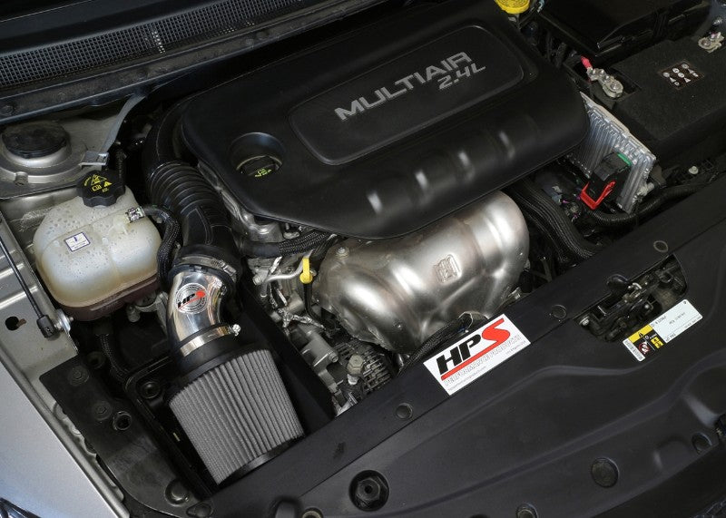 HPS Shortram Air Intake Heat Shield Kit for 15-17 Chrysler 200 2.4L SKU 827-574P, polished installed engine bay view