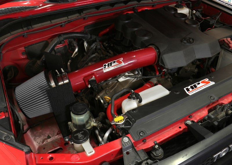 HPS Shortram Air Intake Heat Shield Kit for Toyota 10-14 FJ Cruiser/ 10-24 4Runner 4.0L V6 SKU 827-583R, red installed engine bay view