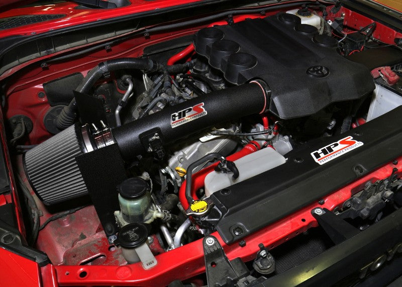 HPS Shortram Air Intake Heat Shield Kit for Toyota 10-14 FJ Cruiser/ 10-24 4Runner 4.0L V6 SKU 827-583WB, wrinkle black installed engine bay view