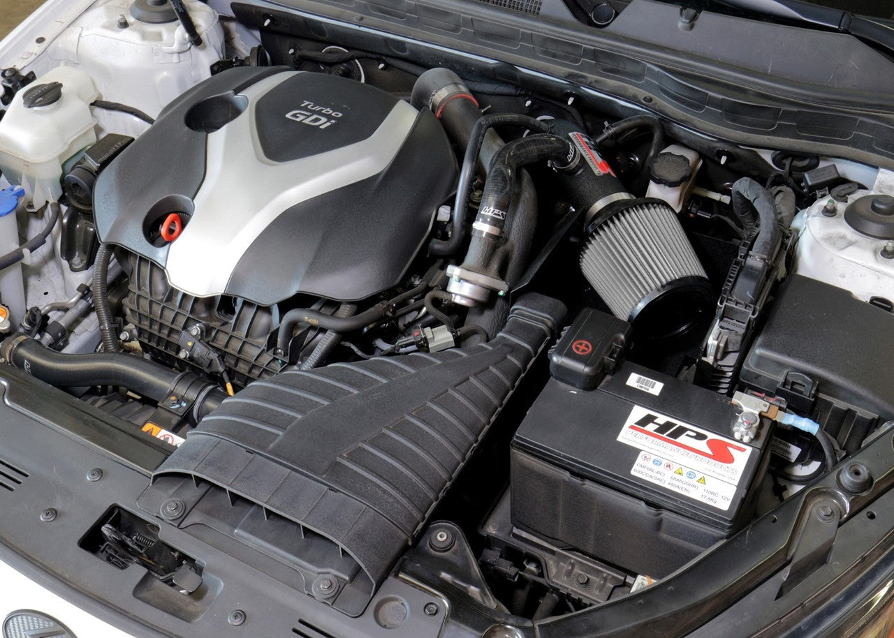 HPS Shortram Air Intake Heat Shield Kit for 11-15 Kia Optima / 11-14 Hyundai Sonata 2.0L Turbo SKU 827-587WB, wrinkle black installed engine bay view