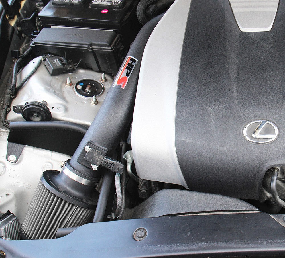 HPS Shortram Air Intake Heat Shield Kit for Lexus 14-15 IS250 / 16-20 IS300 / 14-20 IS350 V6 SKU 827-623WB, wrinkle black alternate installed engine bay view