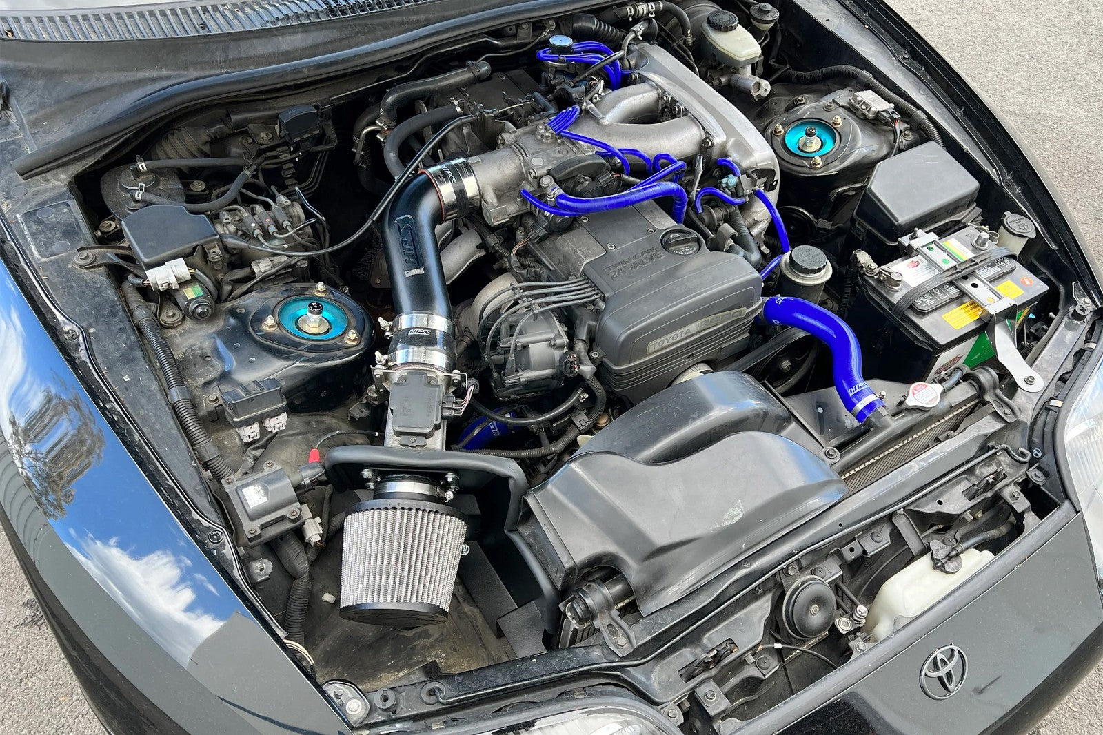 HPS Shortram Air Intake Heat Shield Kit for 93-96 Toyota Supra 3.0L Non Turbo 2JZ-GE, installed engine bay view
