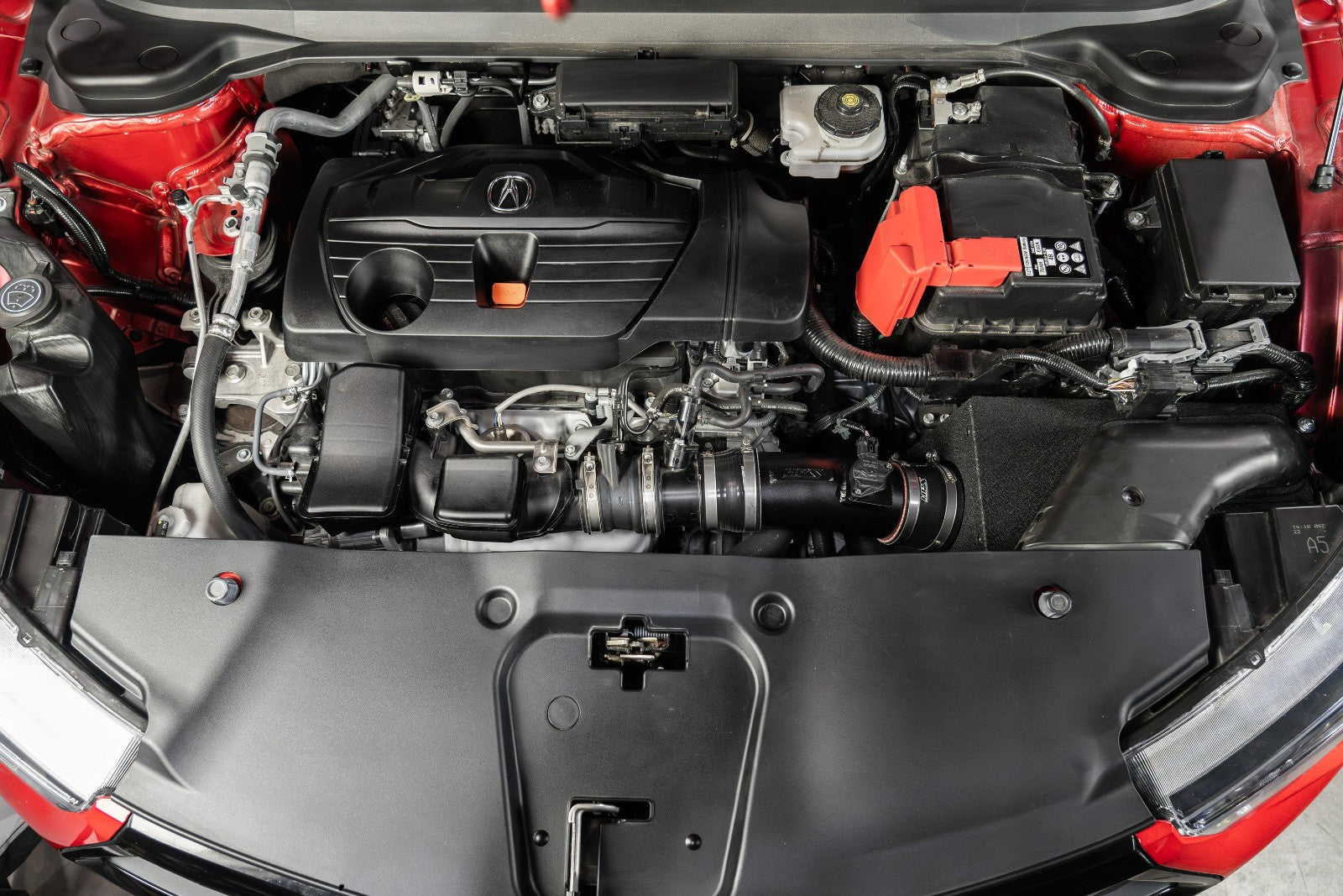 HPS Shortram Air Intake Heat Shield Kit for 19+ Acura RDX 2.0L Turbo TC1 / TC2 SKU 827-729WB, wrinkle black installed engine bay view