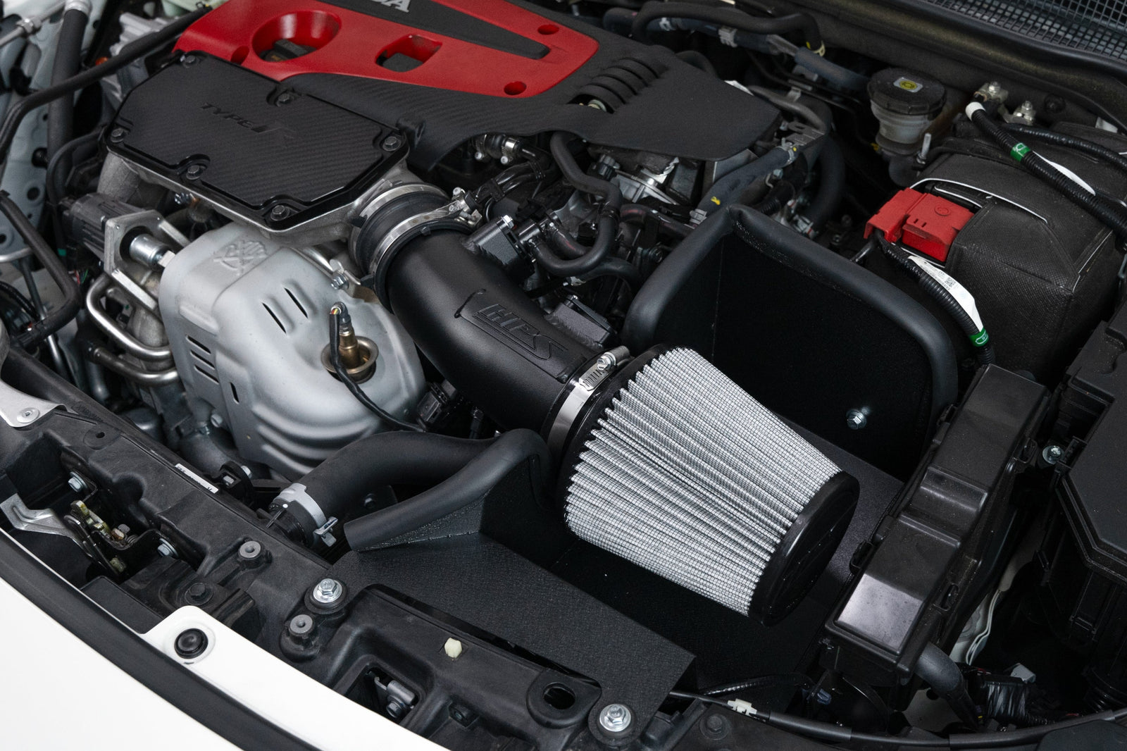Shortram Air Intake with Heat Shield for Integra Type-S DE5 / Civic Type-R DE5 2.0L Turbo SKU 827-741WB, wrinkle black alternate installed engine bay view