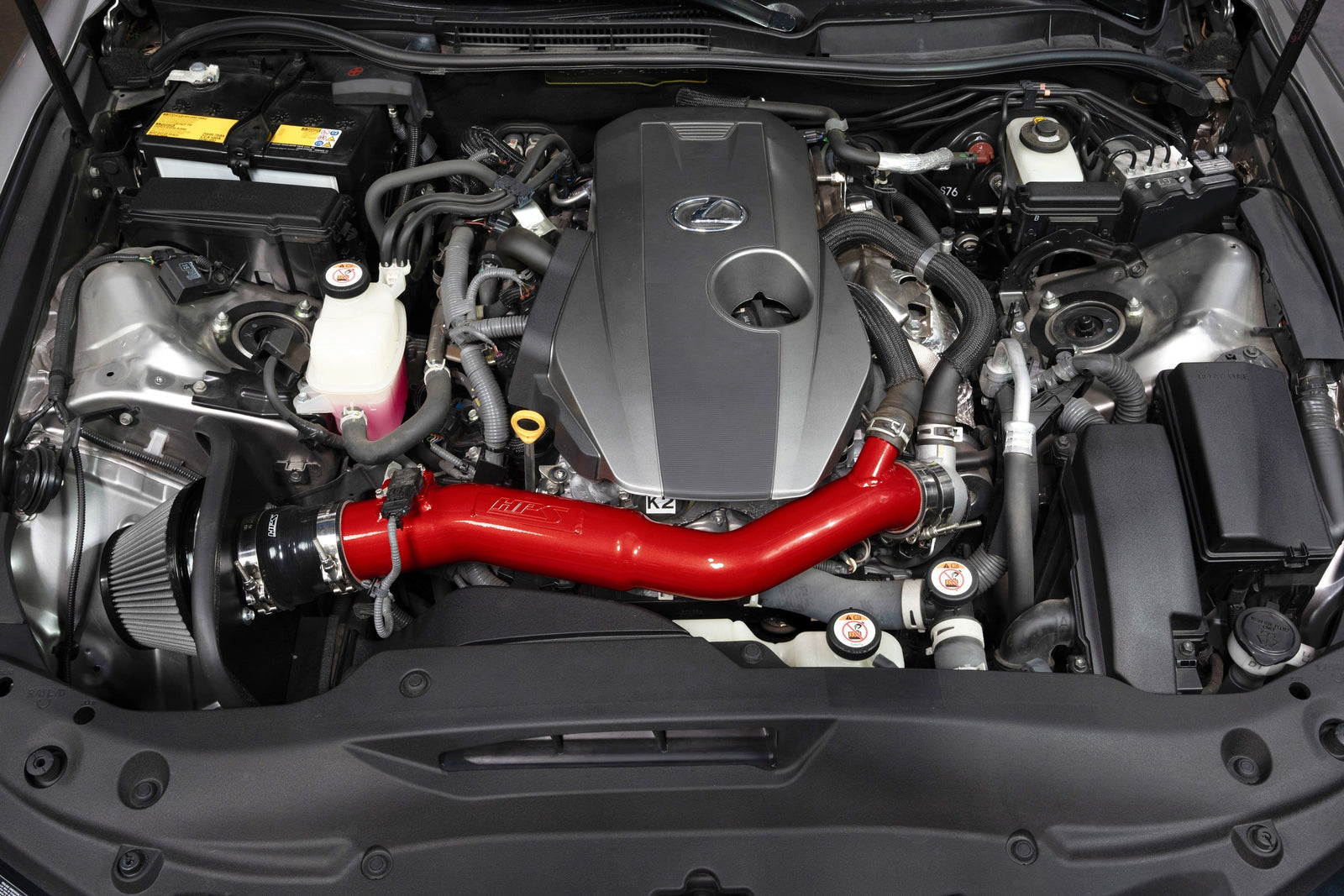 HPS Shortram Air Intake Heat Shield Kit for 21-25 Lexus IS300 2.0L Turbo XE30 SKU 827-777R, red installed engine bay view