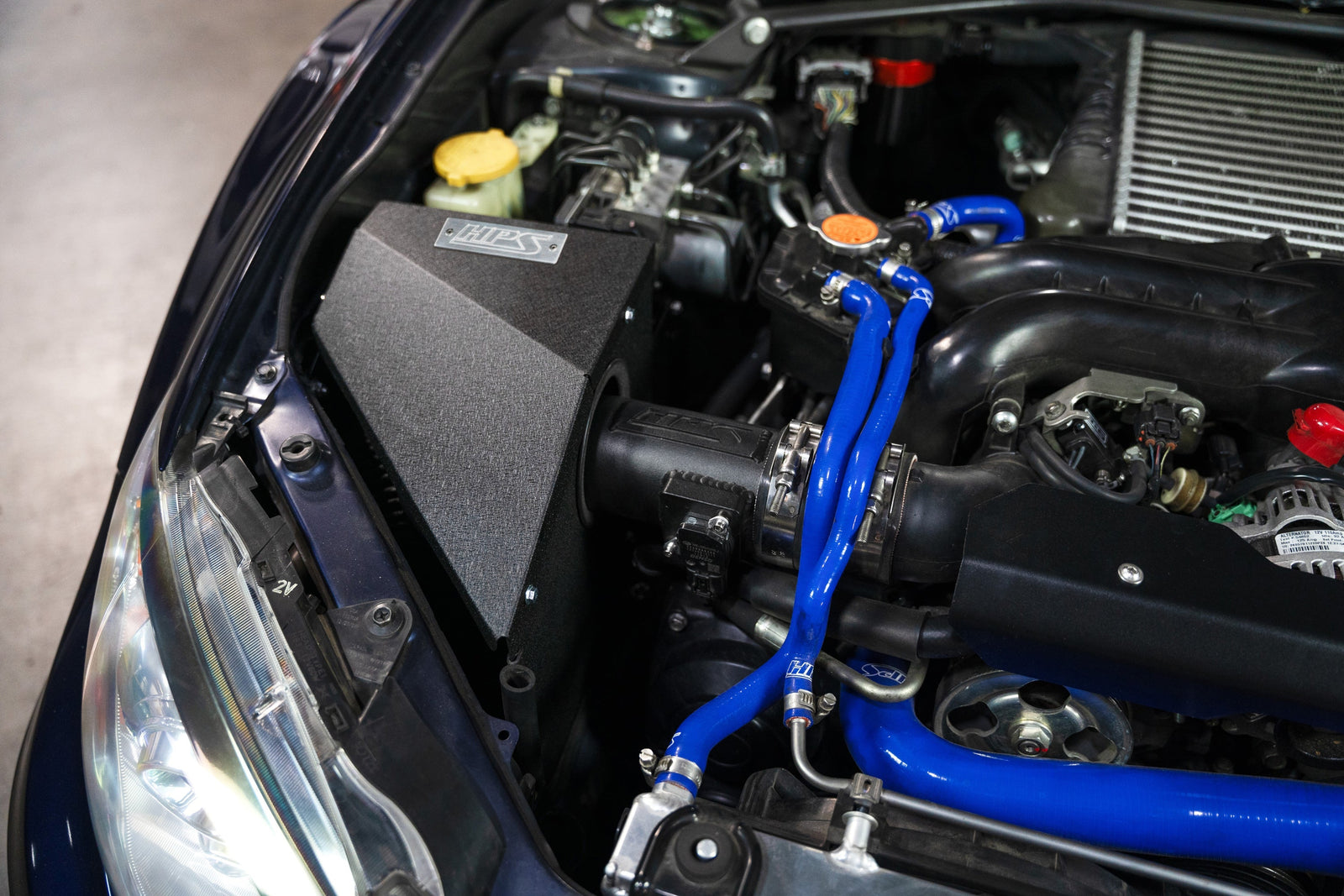HPS Shortram Air Intake Heat Shield Kit for 08-14 Subaru Impreza WRX STI 2.5L Turbo GE GH GV GR SKU 827-778WB, wrinkle black alternate installed engine bay view