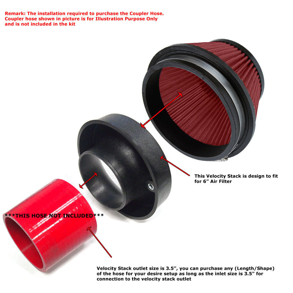 HPS 6" Universal Round Intake Air Filter Red HPS-4302-RED + Velocity Stack