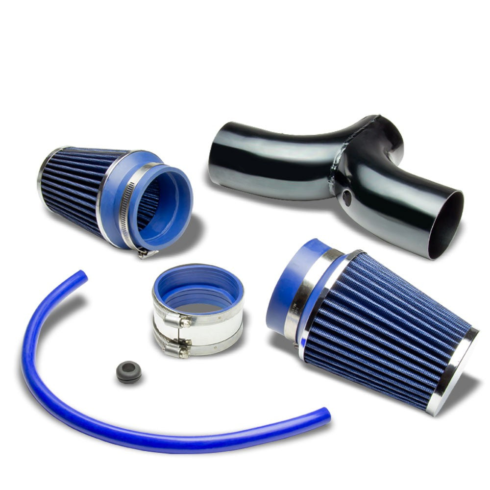 Dual Twin Shortram Air Intake Black Pipe+Blue Filter for 04-07 Liberty KJ 3.7L