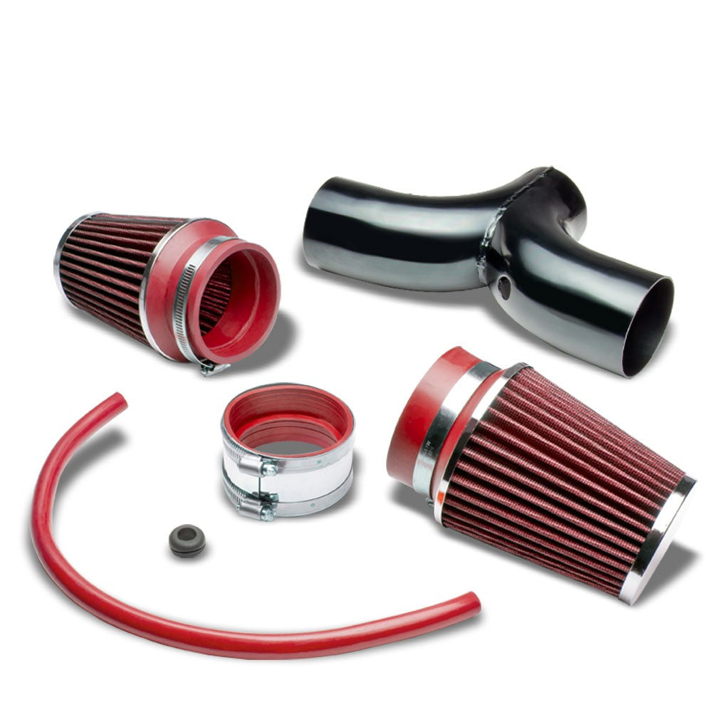 Dual Shortram Air Intake Black Pipe+Red Filter for 03-04 Grand Cherokee WJ 4.7