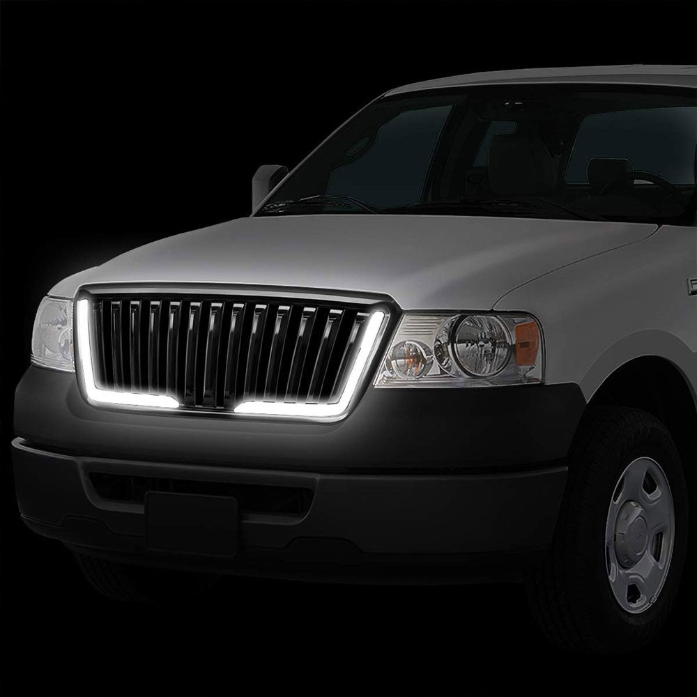 Glossy Black Badgeless Fence Front Grille+LED Bar For 04-08 Ford F-150