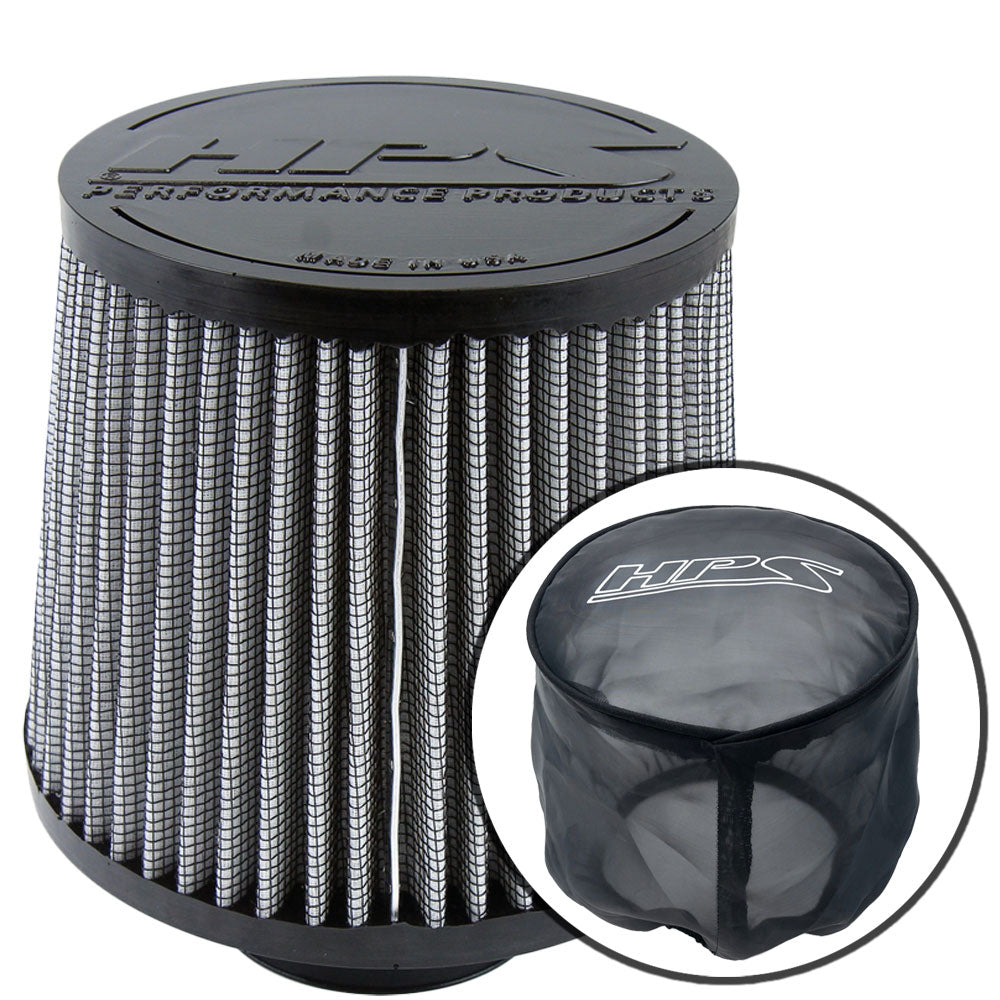 HPS-4274+9147 HPS 2.5" Universal Round Intake Air Filter+Sock Cover 6.5" L, 6" B, HPS-4274
