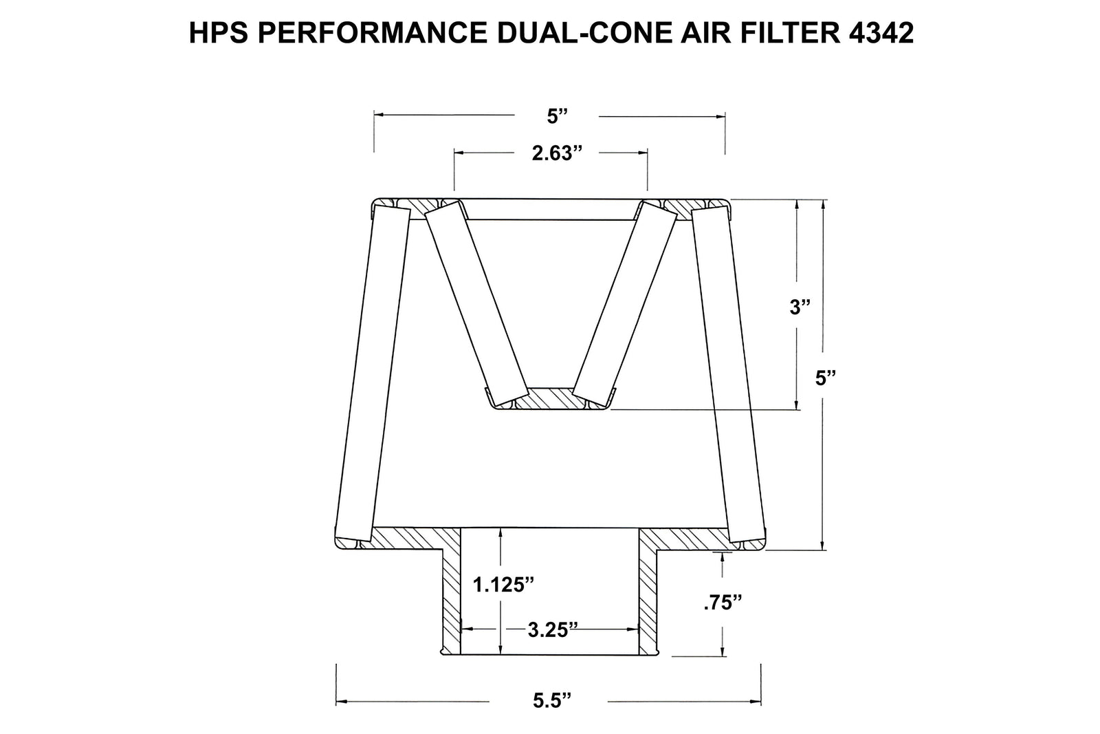 HPS-4342+9147 HPS 3.25" Round Open Top Dual Cone Air Filter+Sock 5.75" L, 5.5" B, HPS-4342