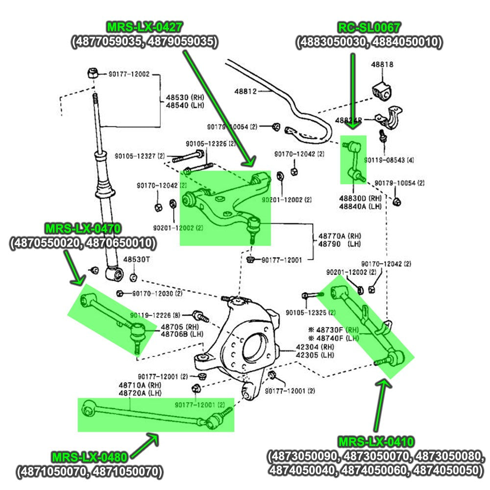 MRS-LX-0410+0427+0470+0480 Megan 8PCs Rear Camber+Toe Arm+Traction Rods (Pillow Ball) For 01-06 Lexus LS430