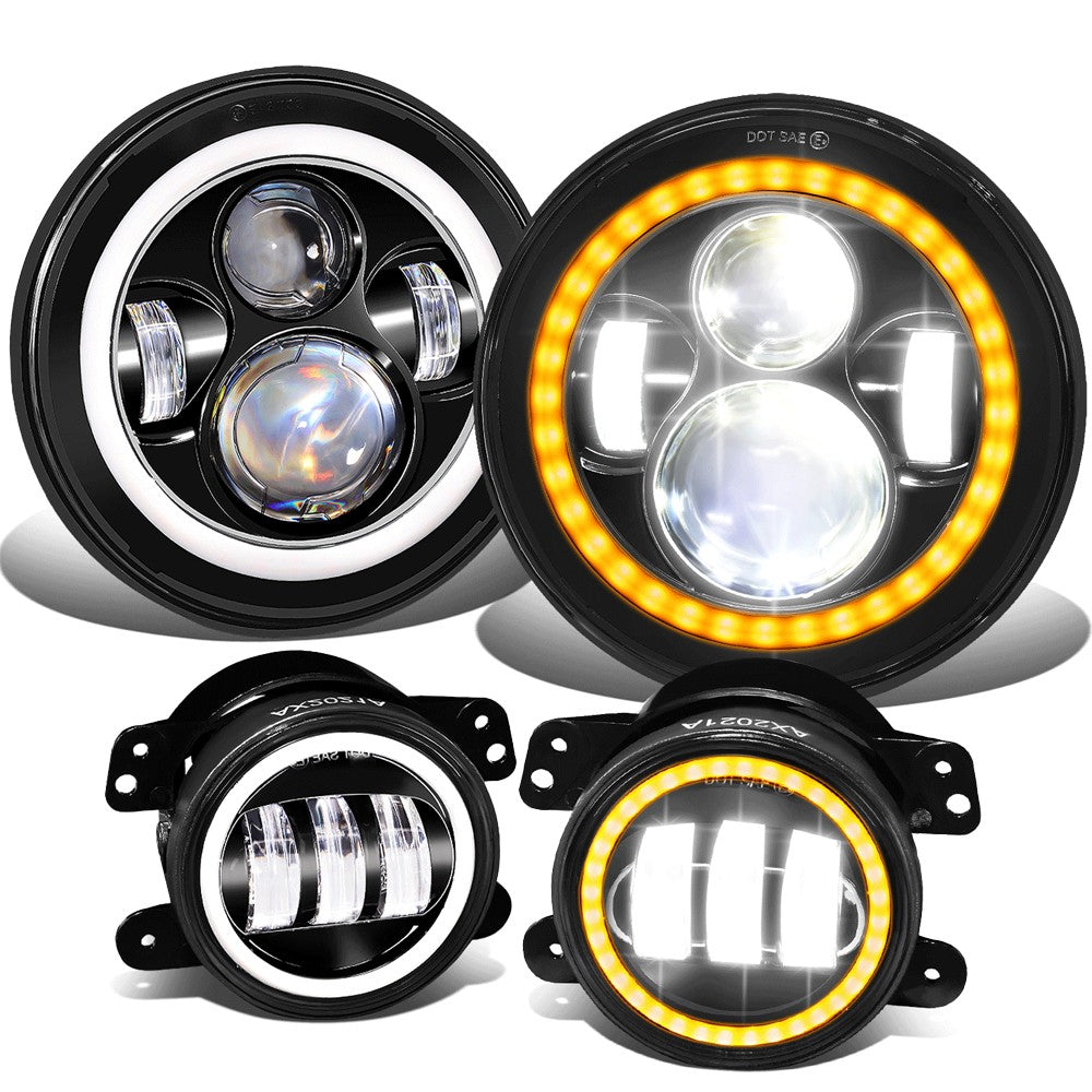 White Amber Halo LED DRL Projector Headlight+Fog Light For 18 Wrangler JK
