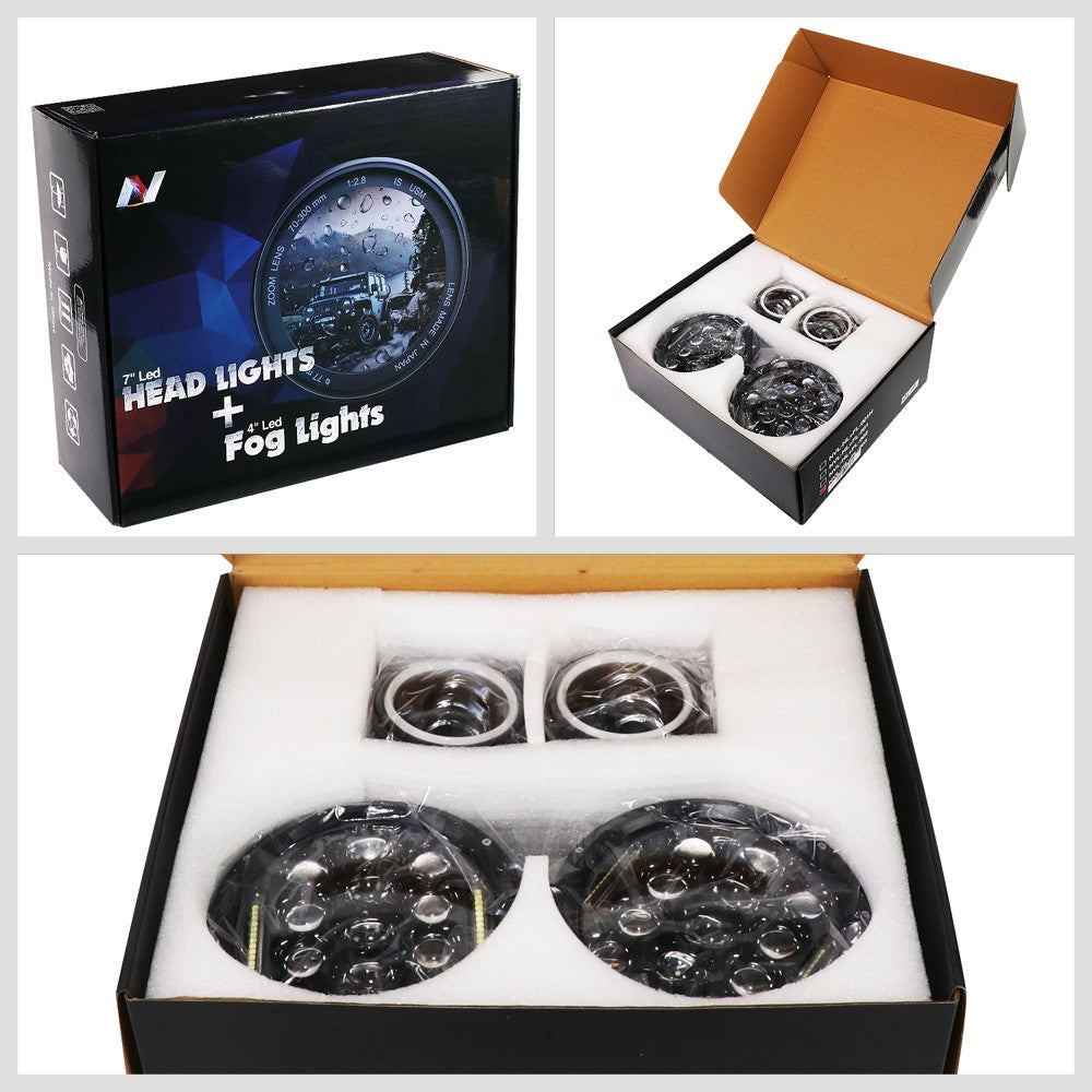 LED DRL Projector White LED Black Housing Headlight+Fog Light For 18 Wrangler JK