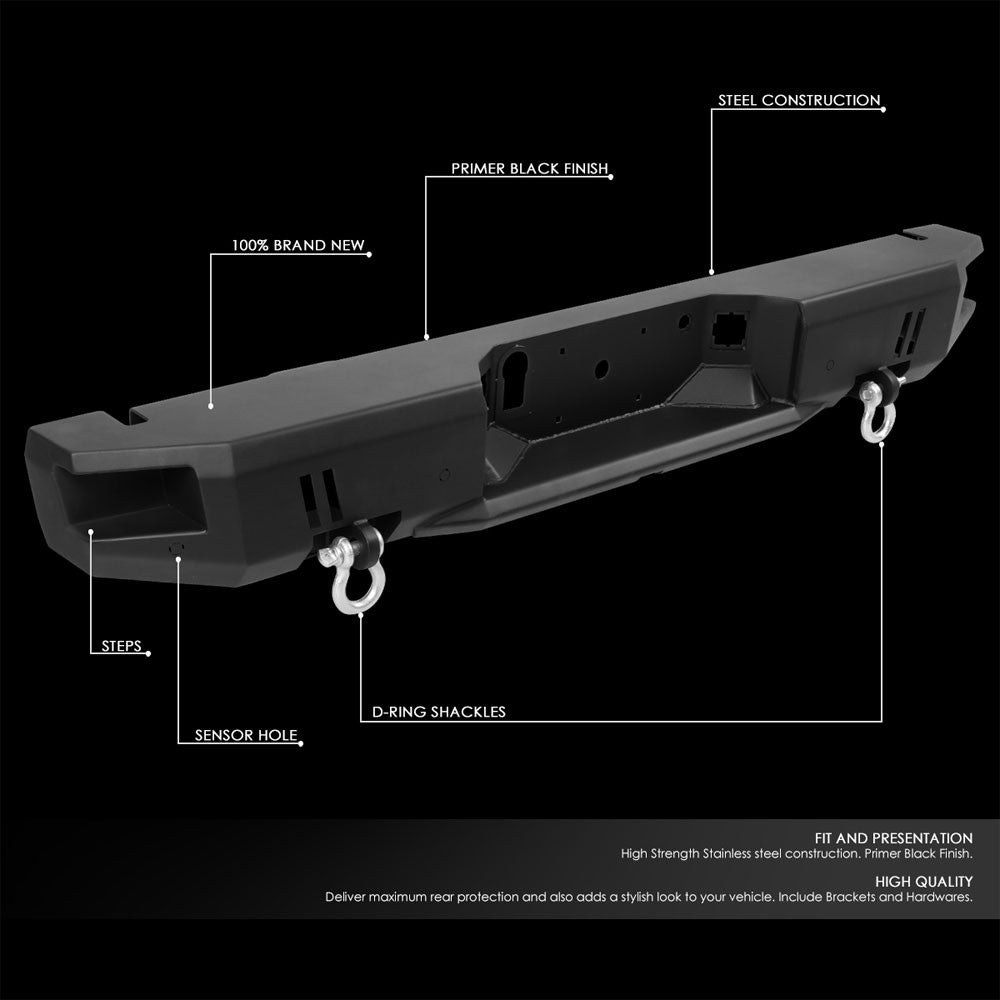 Black Steel Off Road Heavy Duty Rear Bumper+Dual D-Rings For 15-19 F-150 V6/V8