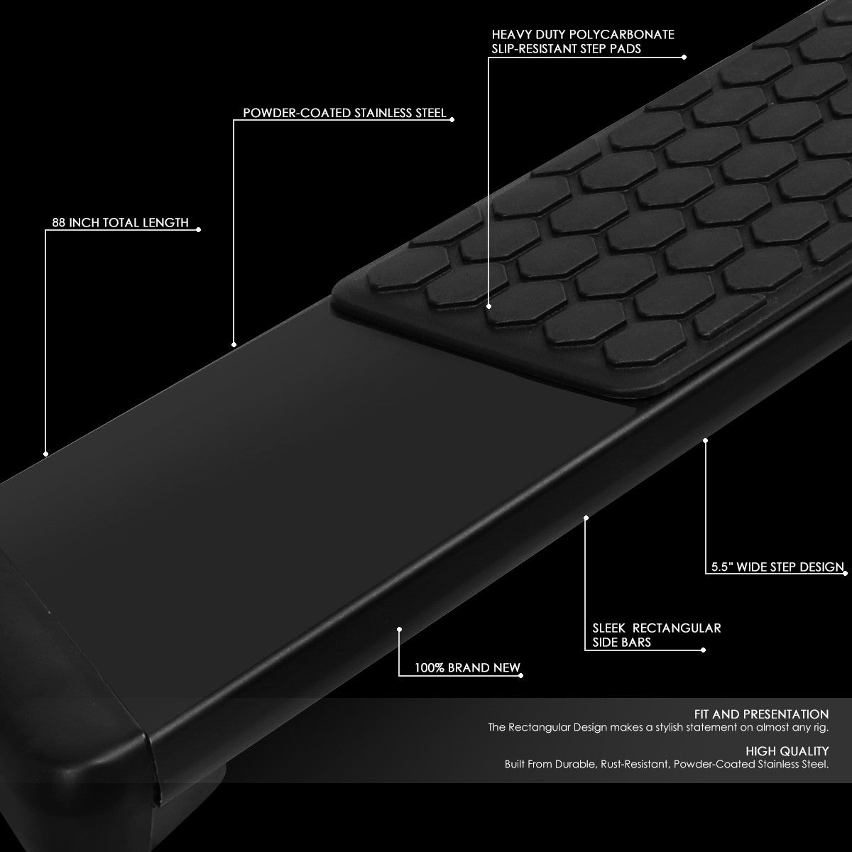 88" Black Honeycomb Slant Cap Running Board For 15+ F-150 P552 P702 Crew Cab