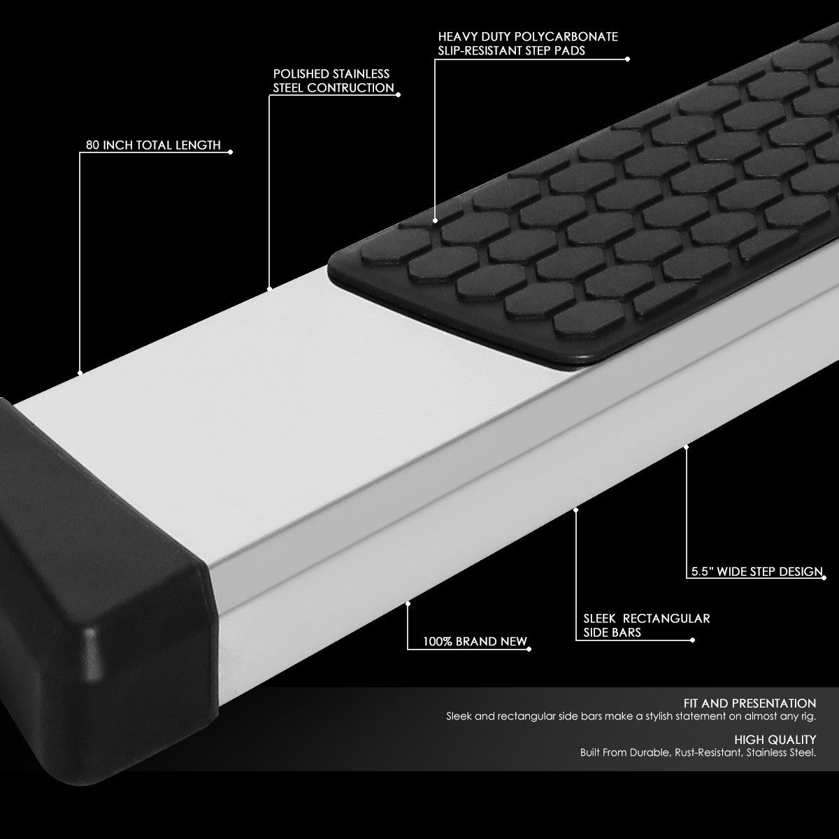 80" Metallic Honeycomb Pad/Slant Cap Running Board For 07-21 Tundra Extended Cab