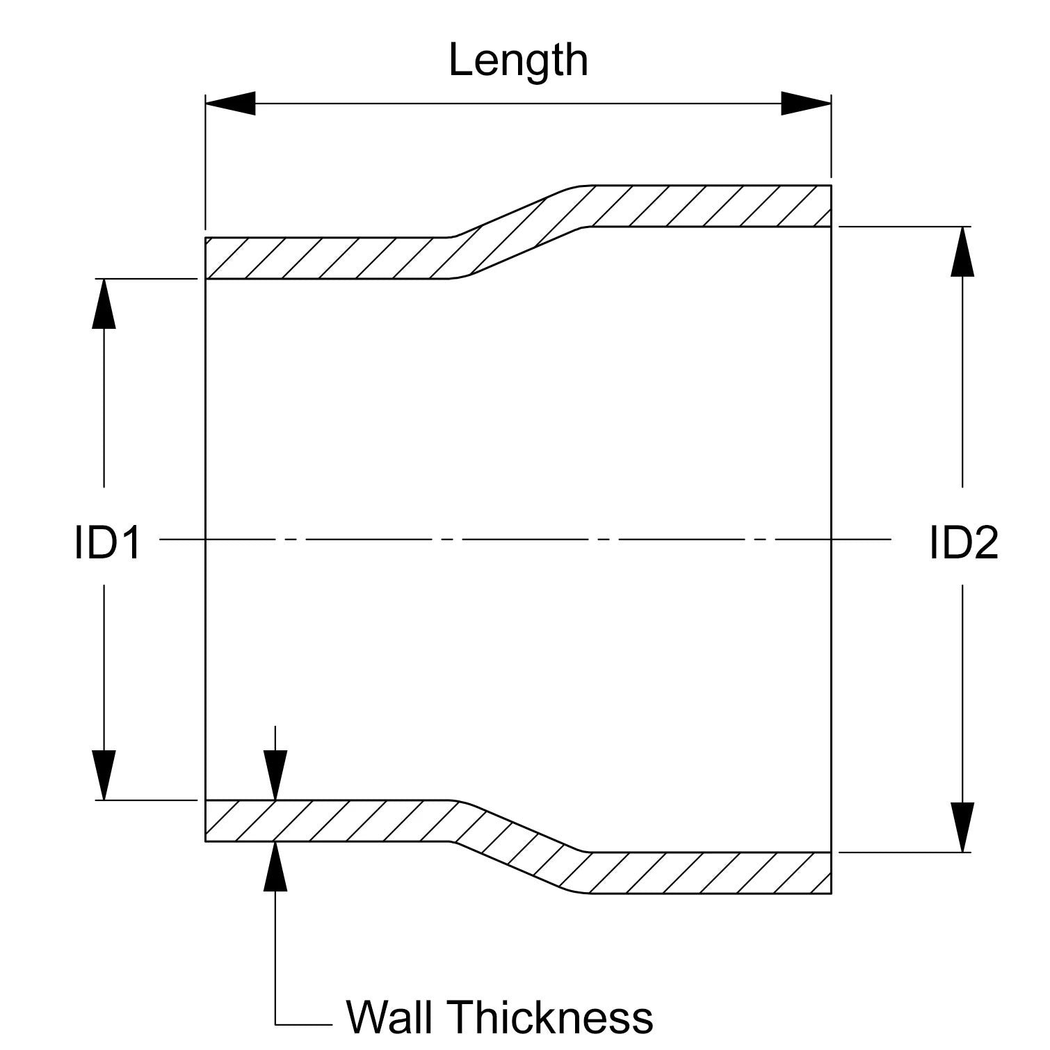 HTSR-212-225-L35-BLK HPS 2.12" - 2.25" (54mm - 57mm) ID 3.5" L, Black Silicone Reducer Coupler Hose