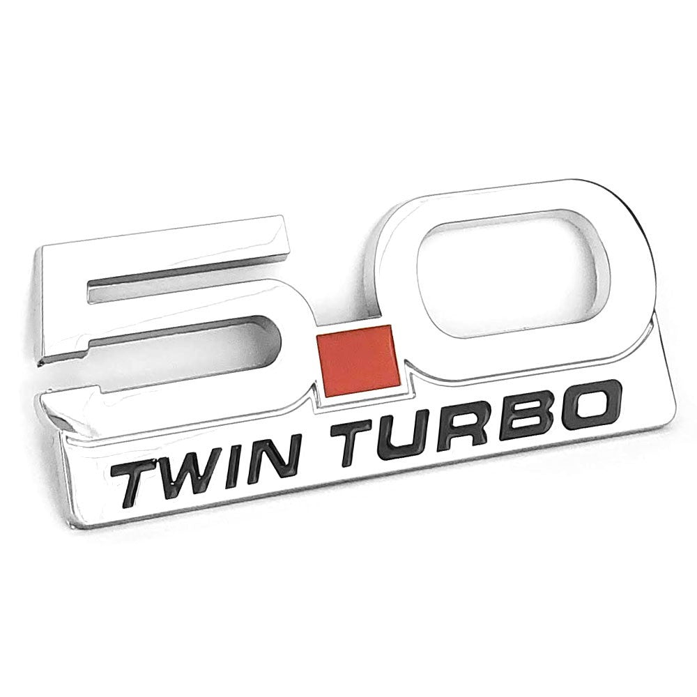 Polish Silver 5.0 TWIN TURBO Style Logo Exterior Rear Trunk Emblem Decal Badge