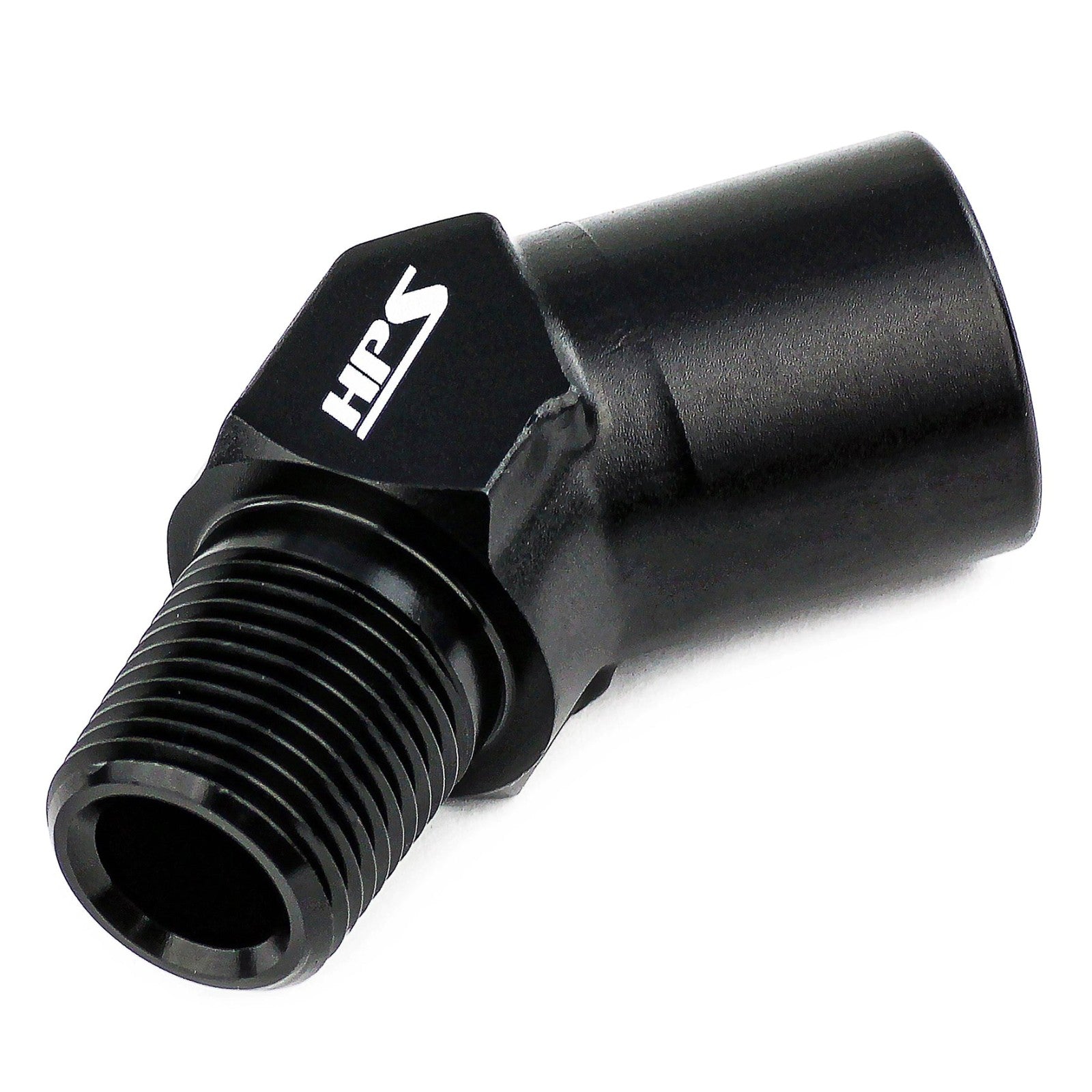HPS NPT Male To NPT Female Adapter Fitting, 45 Degree, 3/8" NPT, Black Aluminum