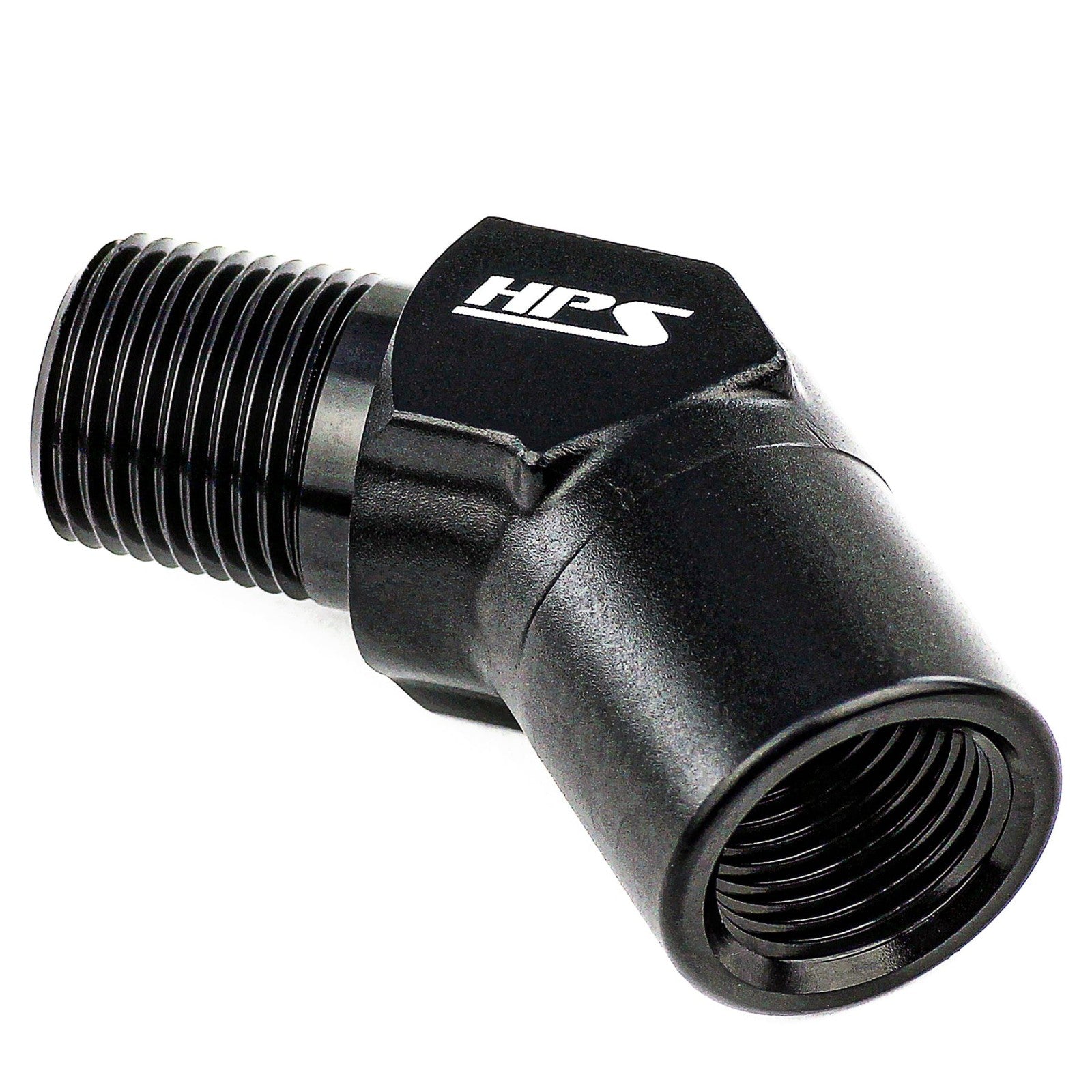 HPS NPT Male To NPT Female Adapter Fitting, 45 Degree, 1/2" NPT, Black Aluminum