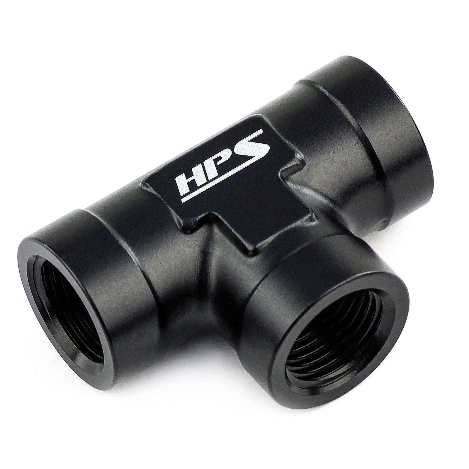 HPS NPT Female 3-Way Tee Adapter Fitting, Tee, 3/8" NPT, Black Aluminum