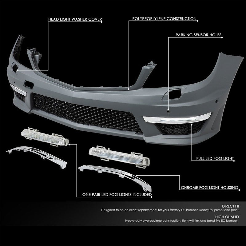 C63 Style (W/PDC) Front Bumper+Lower Grille+Fog Light For Benz 12-14 C-Class 4DR-Exterior-BuildFastCar