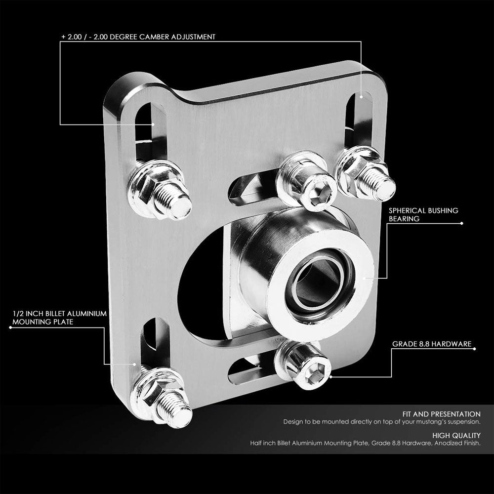 Front Adjustable Aluminum Silver Camber/Caster Plate T2 For 94-04 Ford Mustang