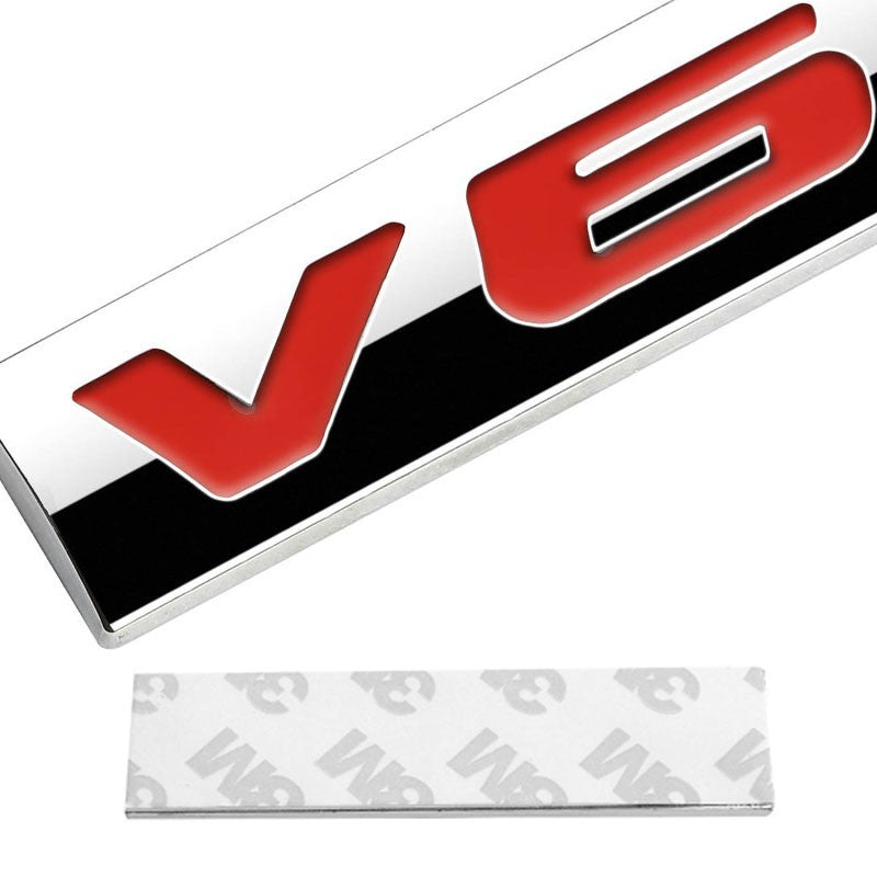 Red/Chrome V6 Sign Trim Rear Engine Trunk Polished Badge Decal Emblem 3M Tape-Exterior-BuildFastCar