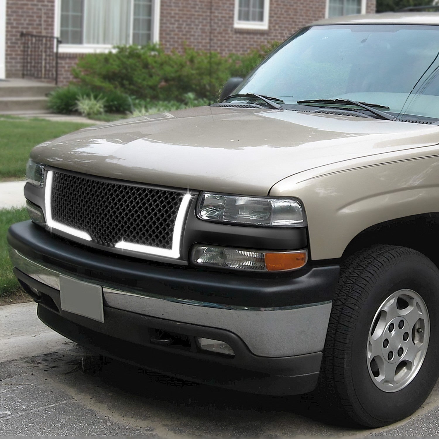 Black Matte Diamond Mesh Front Grille LED DRL Lights 99-02 Silverado BFC-FGR-1-LB-001-T1-MBK